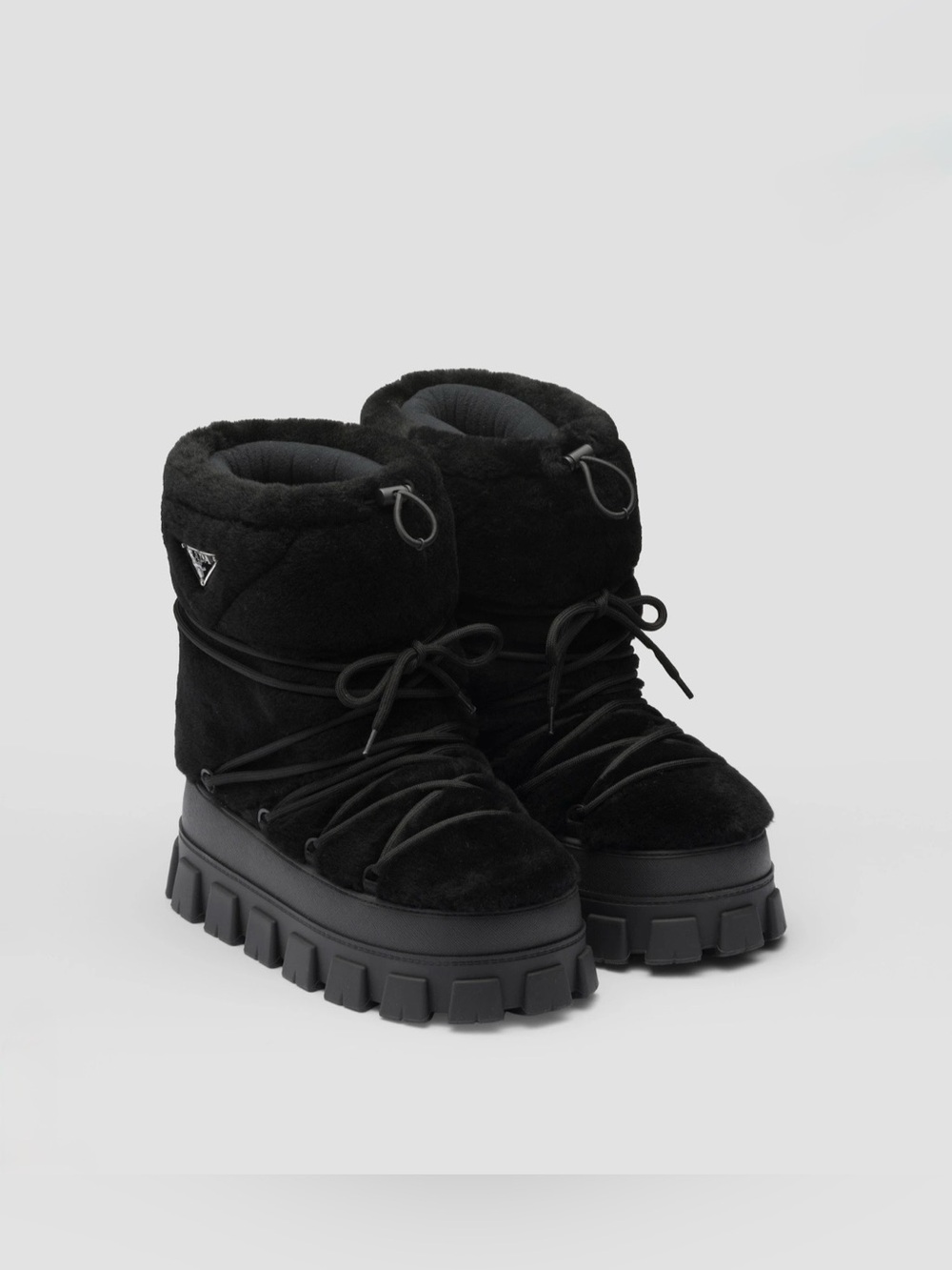 Prada Shearling Après Ski Snow Boots Black Monolith Lug Sole 39/40 IT NWT